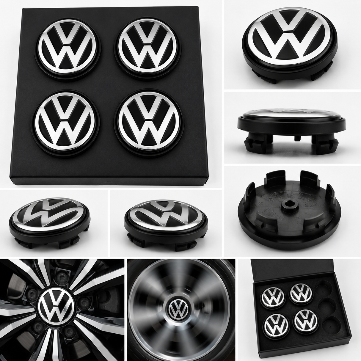 VW Floating Wheel Centre Caps Black Silver | 56mm & 65mm | Self-Levelling VW Logo | Set of 4