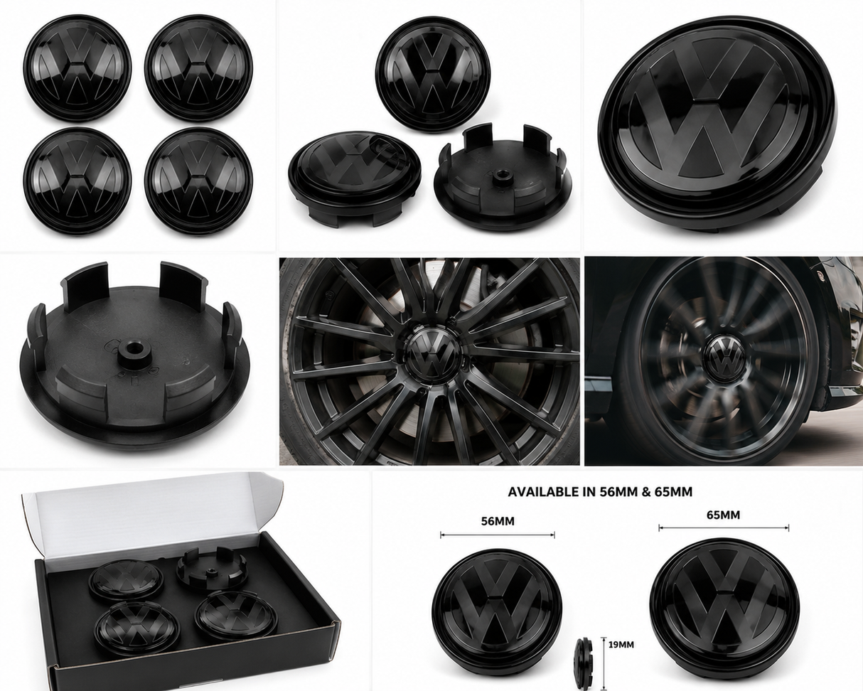 VW Floating Wheel Centre Caps Gloss Black | 56mm & 65mm | Self-Levelling VW Logo | Set of 4