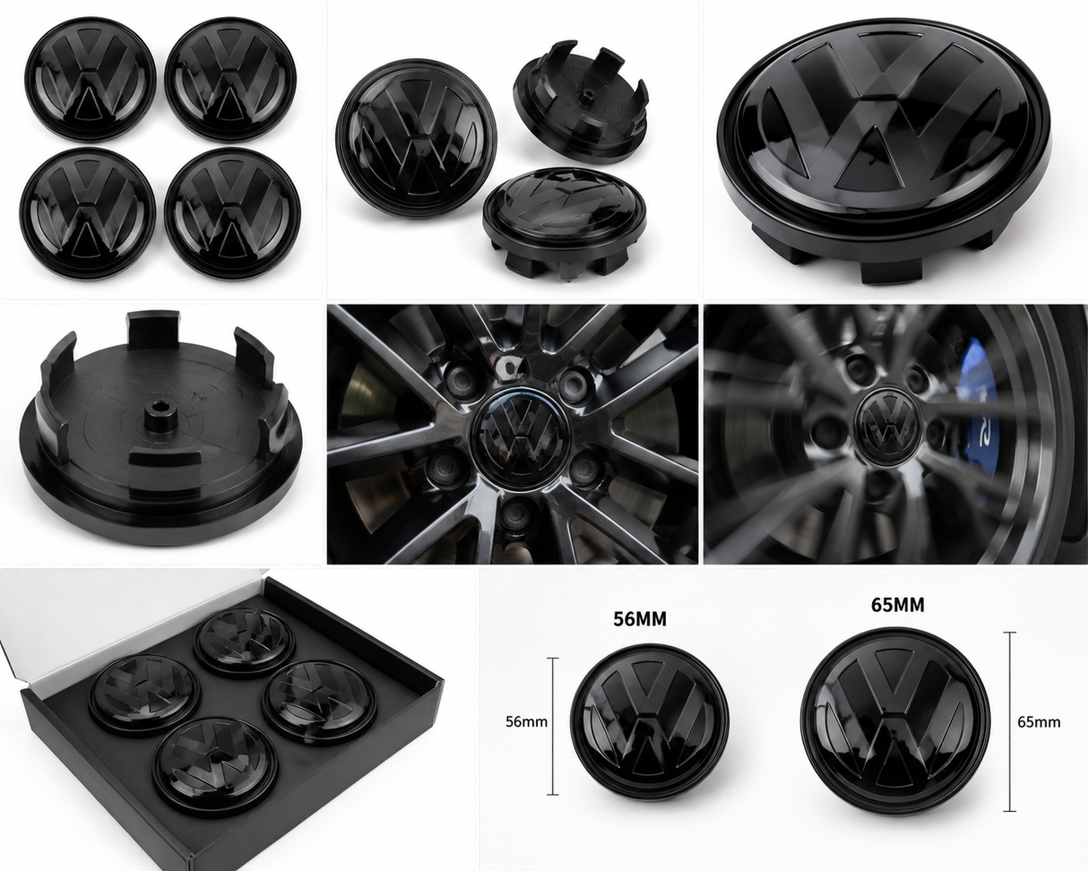 VW Floating Wheel Centre Caps Gloss Black | 56mm & 65mm | Self-Levelling VW Logo | Set of 4
