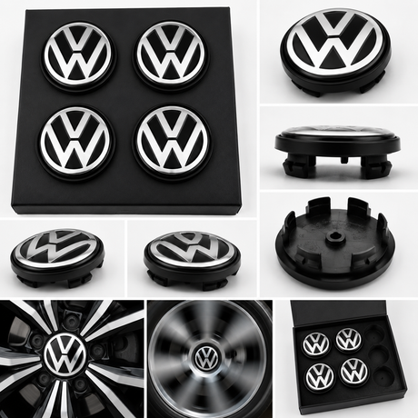 VW Floating Wheel Centre Caps Black Silver | 56mm & 65mm | Self-Levelling VW Logo | Set of 4