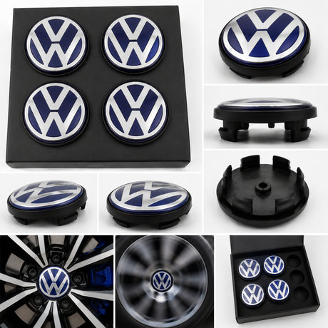 VW Floating Wheel Centre Caps Blue Silver | 56mm & 65mm | Self-Levelling VW Logo | Set of 4